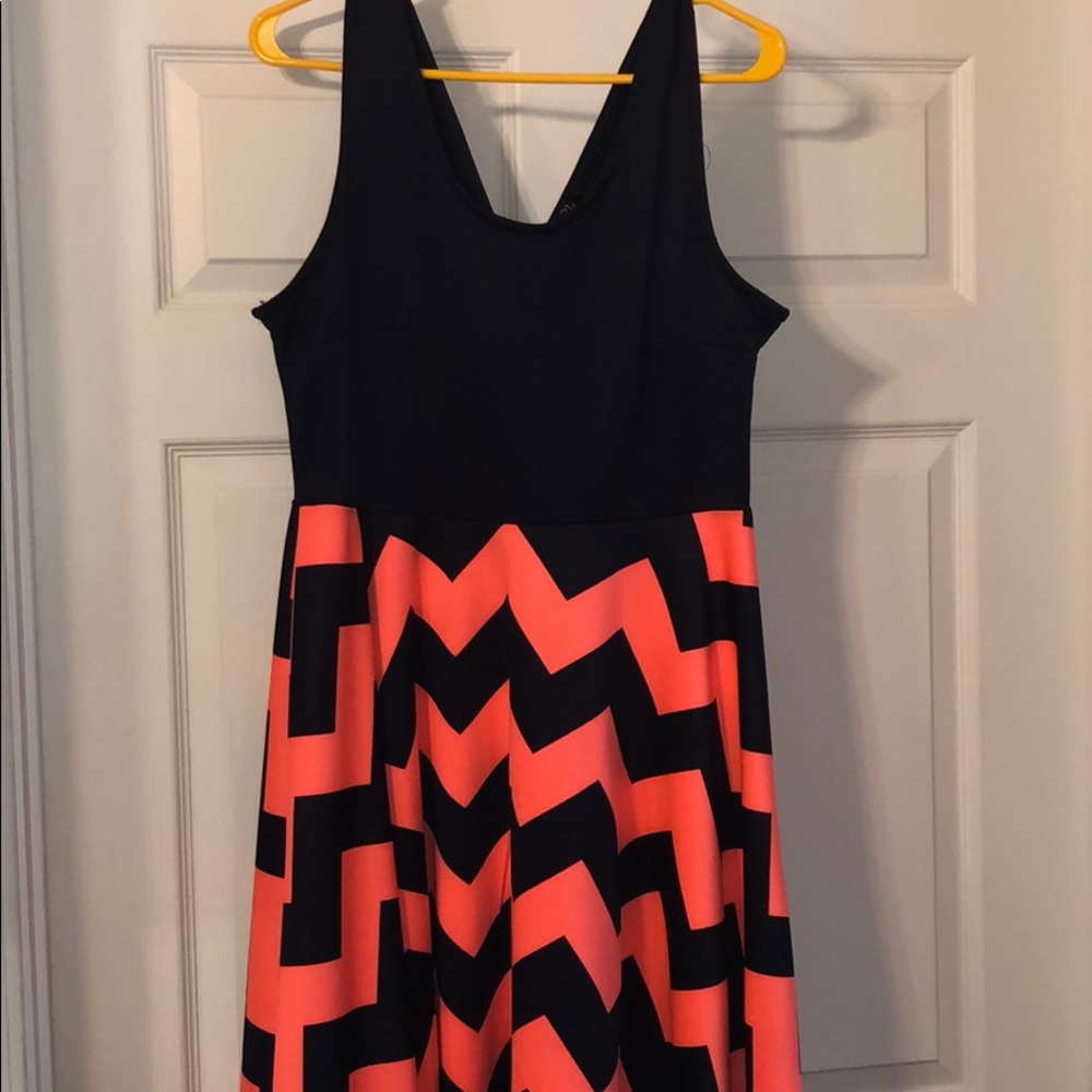 Navy blue and coral pink chevron dress